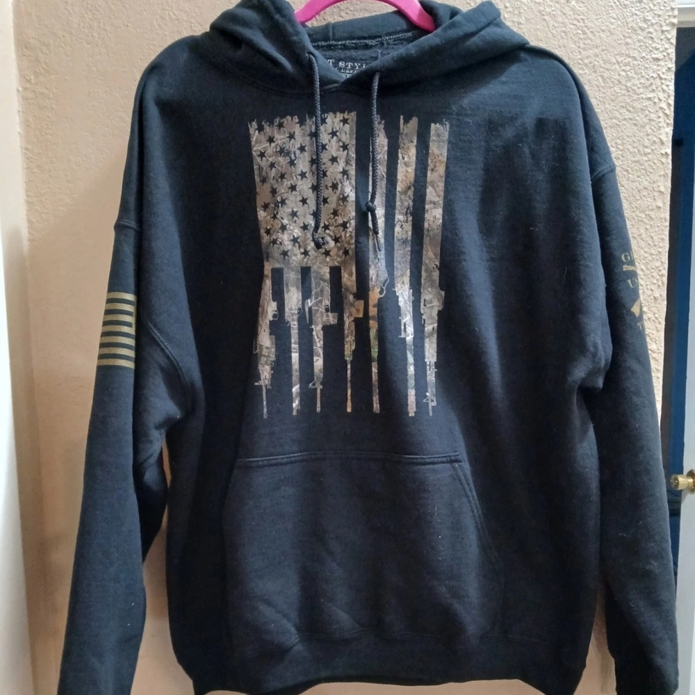 Grunt Style Black Hoodie with Flag and Rifle Design